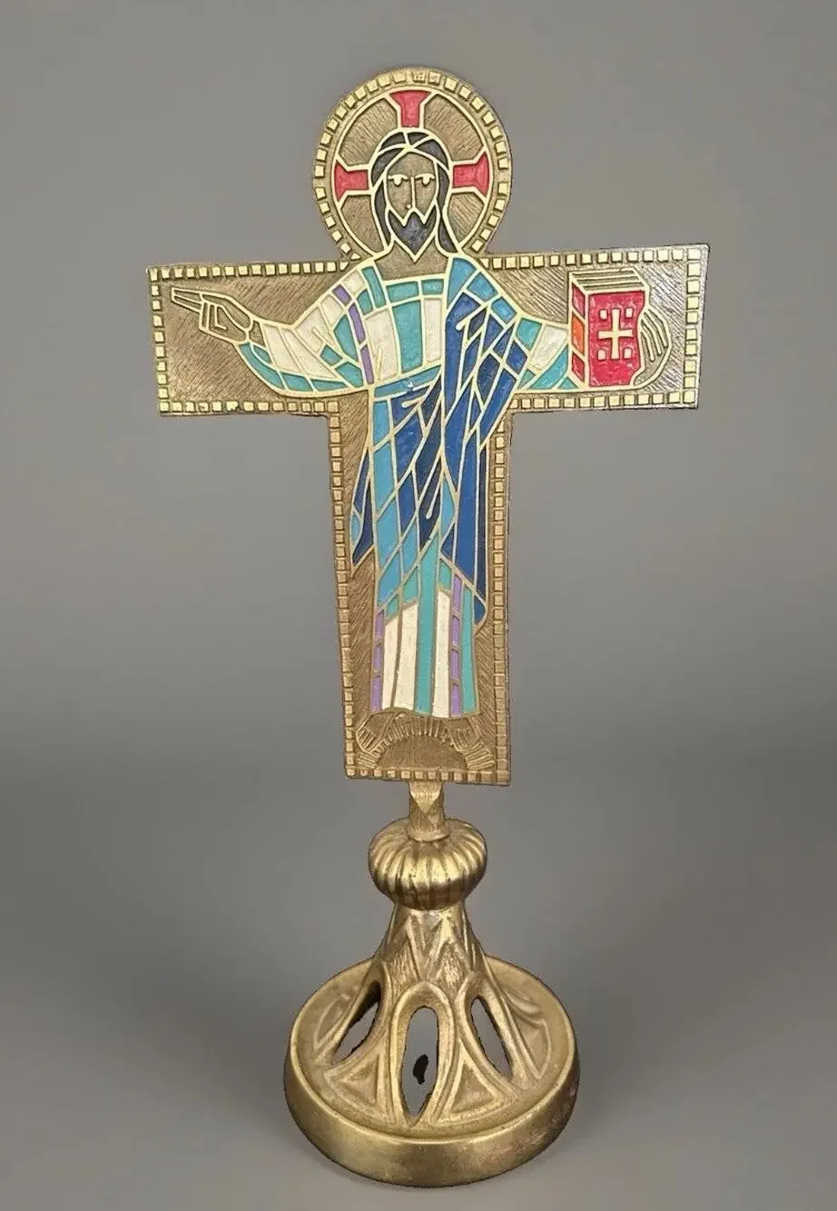 Altar Cross Brass & Enamel Crucifix Terra Sancta Handmade Israel 13” Mid Century